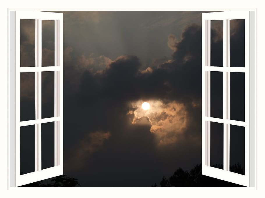 white wooden casement window, night, moon night, clouds, night sky