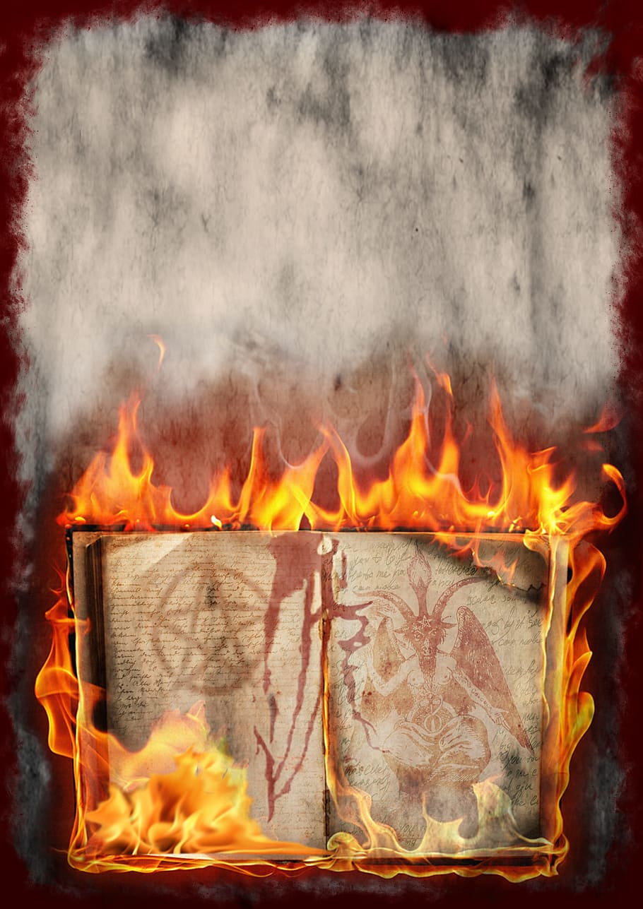 white book on flames, fire, halloween, pentacle, background HD wallpaper