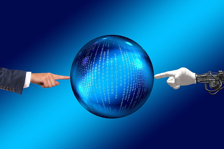 robot and human touching blue ball illustration, hand, binary