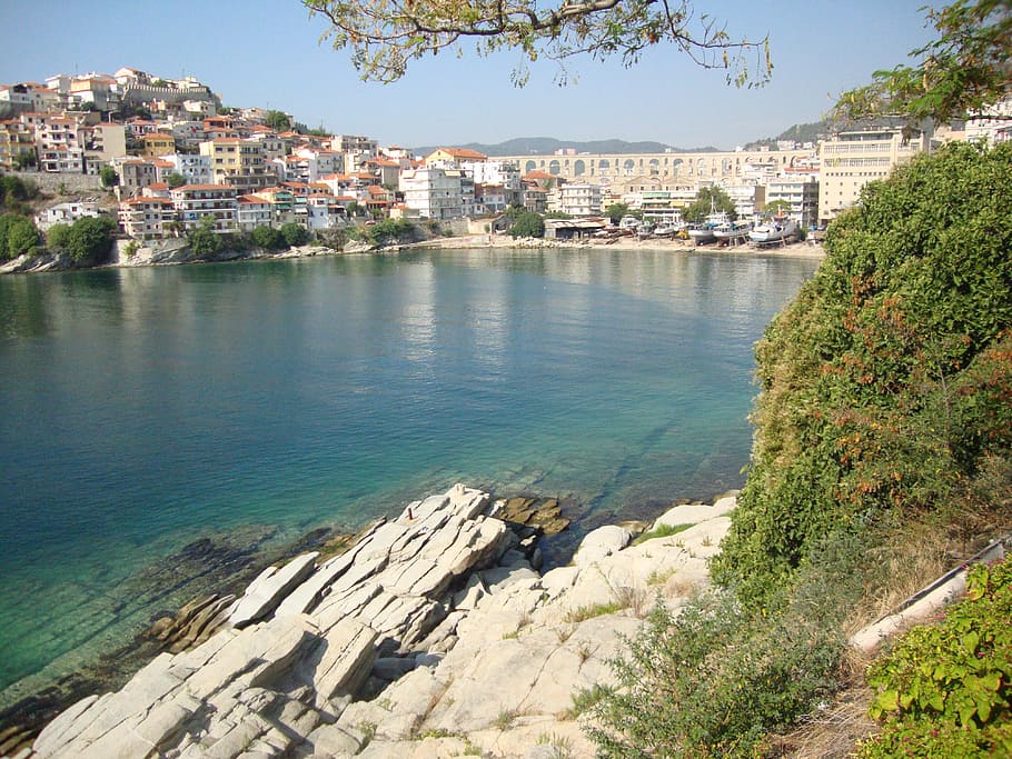 greece, kavala, rocks, sea, castle, arches, aqueduct, conductor, HD wallpaper
