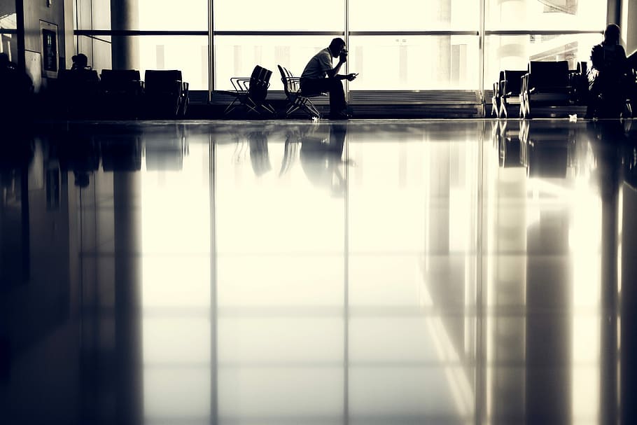 black floor cement tile, airport, window, reflection, indoors HD wallpaper