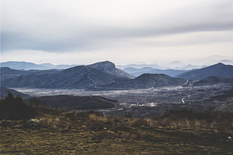 nature, landscape, summit, peaks, grasslands, sky, clouds, gradient HD wallpaper