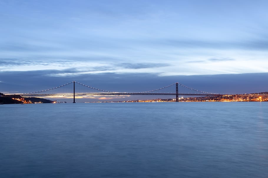 lisbon, bridge, blue, sea, architecture, port, evening sky, HD wallpaper