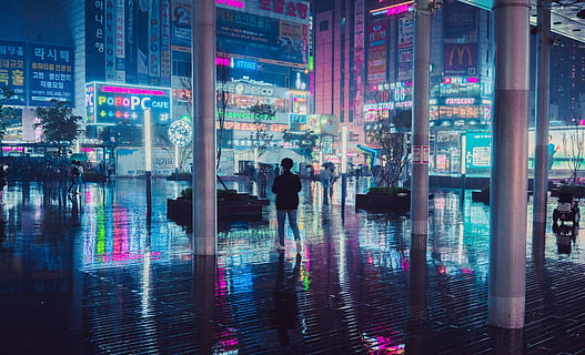 Reflections, person standing on pavement, neon, pc, starbuck HD wallpaper