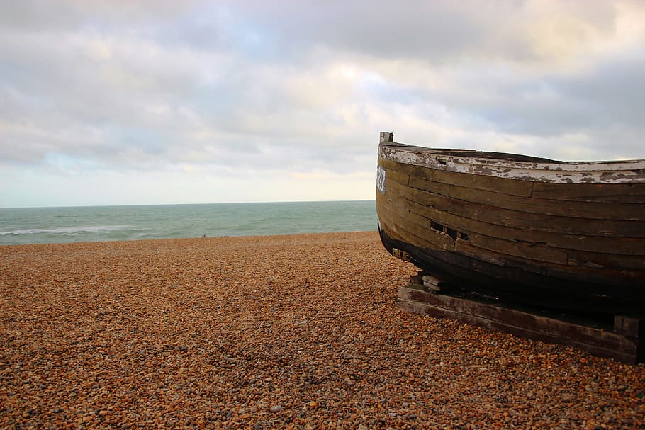 Boat, Abandoned, Beach, Shore, Sea, sky, ocean, outdoor, horizon HD wallpaper
