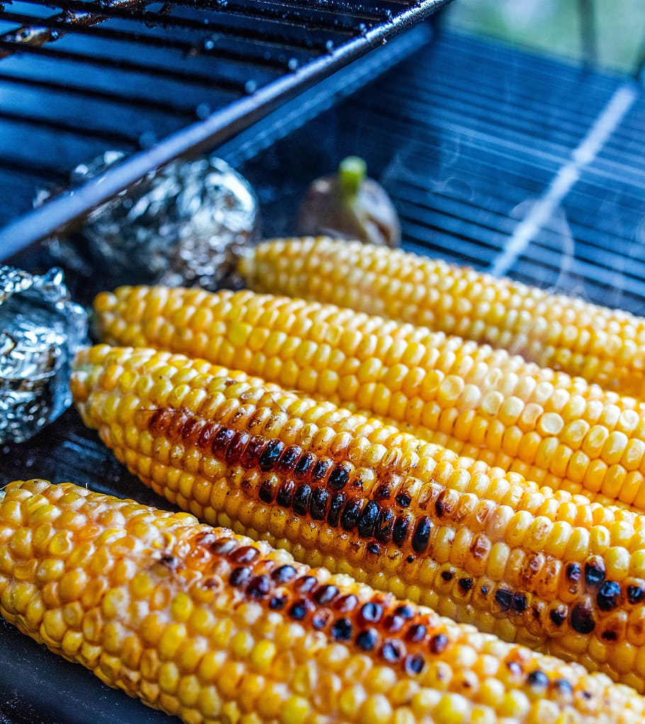 four grilled corn cobs on grill, bbq, barbecue, potato, fig HD wallpaper