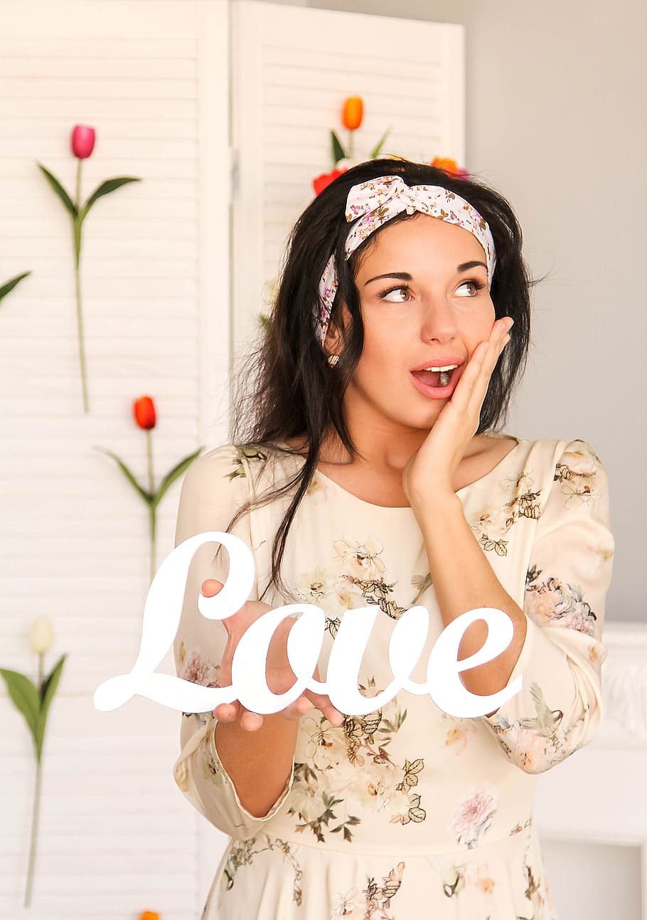 woman wearing white floral dress with Love text overlay, girl HD wallpaper
