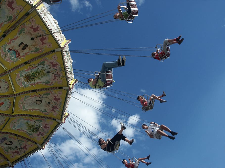 group of people riding hanging swing carnival ride, fair, carousel, HD wallpaper