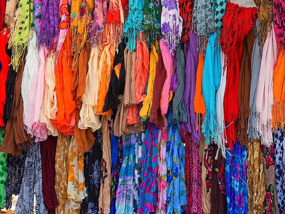 closeup photo of assorted-color scarf lot, textile, fabric HD wallpaper