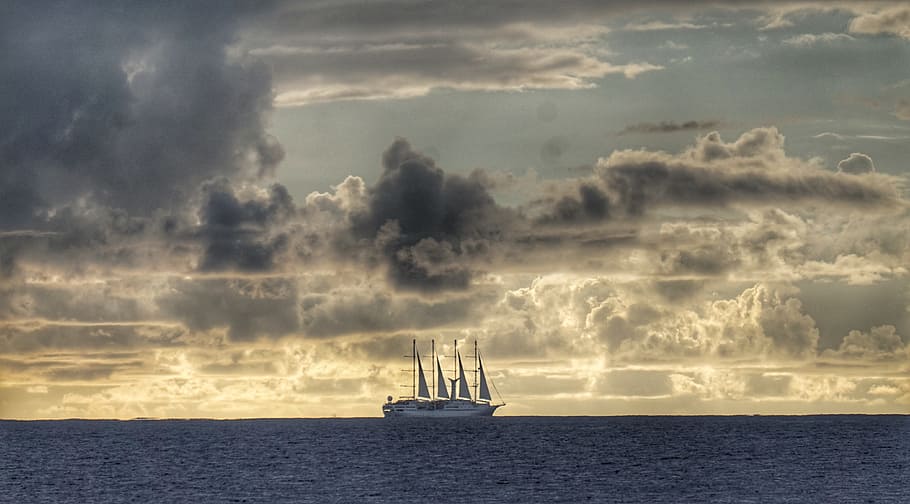 Sailboat, Sunset, Polynesia, Sea, cloud - sky, water, no people HD wallpaper