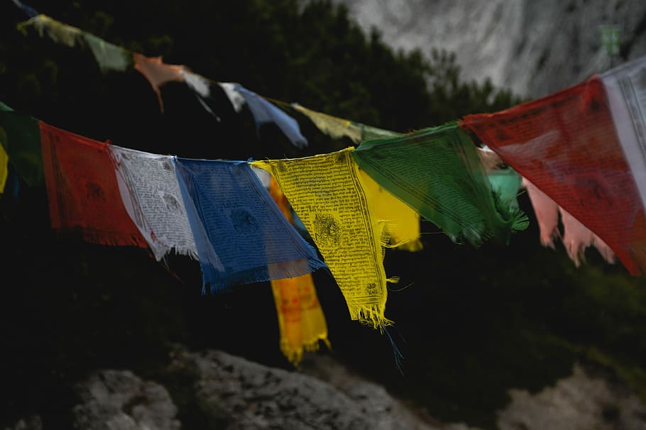 Tibet Flags, close-up photo of multicolored apparel, mountain