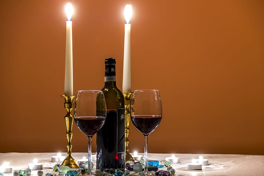 two clear wine glasses near black glass bottle, beauty, bottle of wine, HD wallpaper