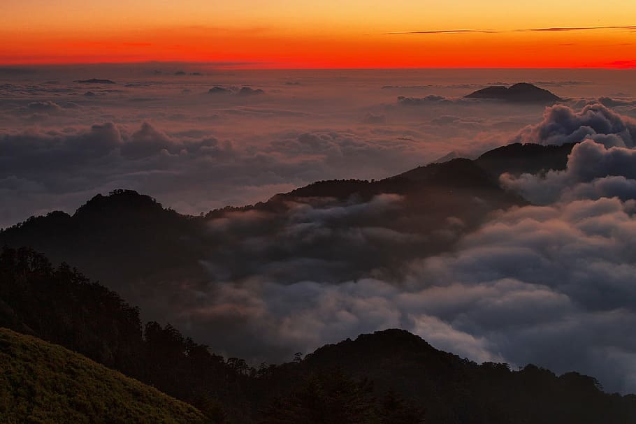 clouds, dawn, dusk, landscape, mountain, nature, scenic, sea of clouds HD wallpaper