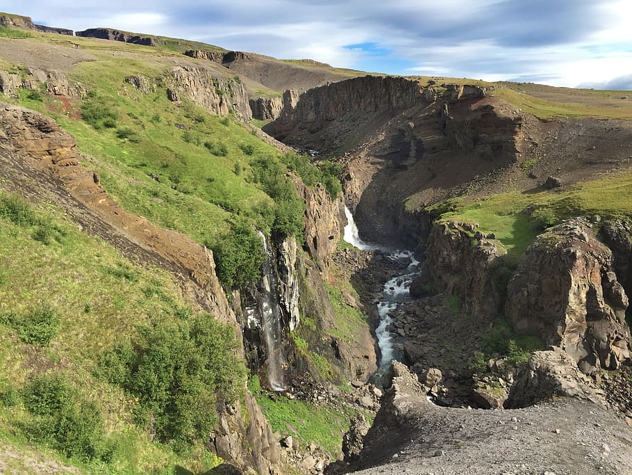 iceland, canyon, river, cascade, green, gorges, landscape, cliff HD wallpaper
