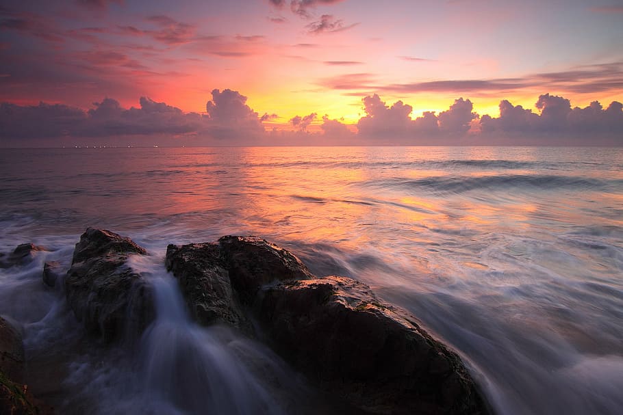 beach, dawn, dusk, nature, ocean, rocks, sea, seascape, seashore HD wallpaper