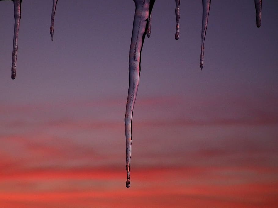 Ice, Icicle, Winter, Cold, Frozen, sunset, sky, red, violet HD wallpaper