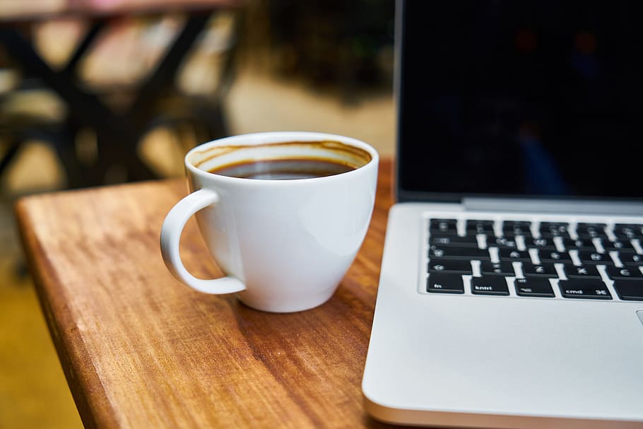 coffee mug beside MacBook, Caffeine, Food, Beverage, Photo, wake