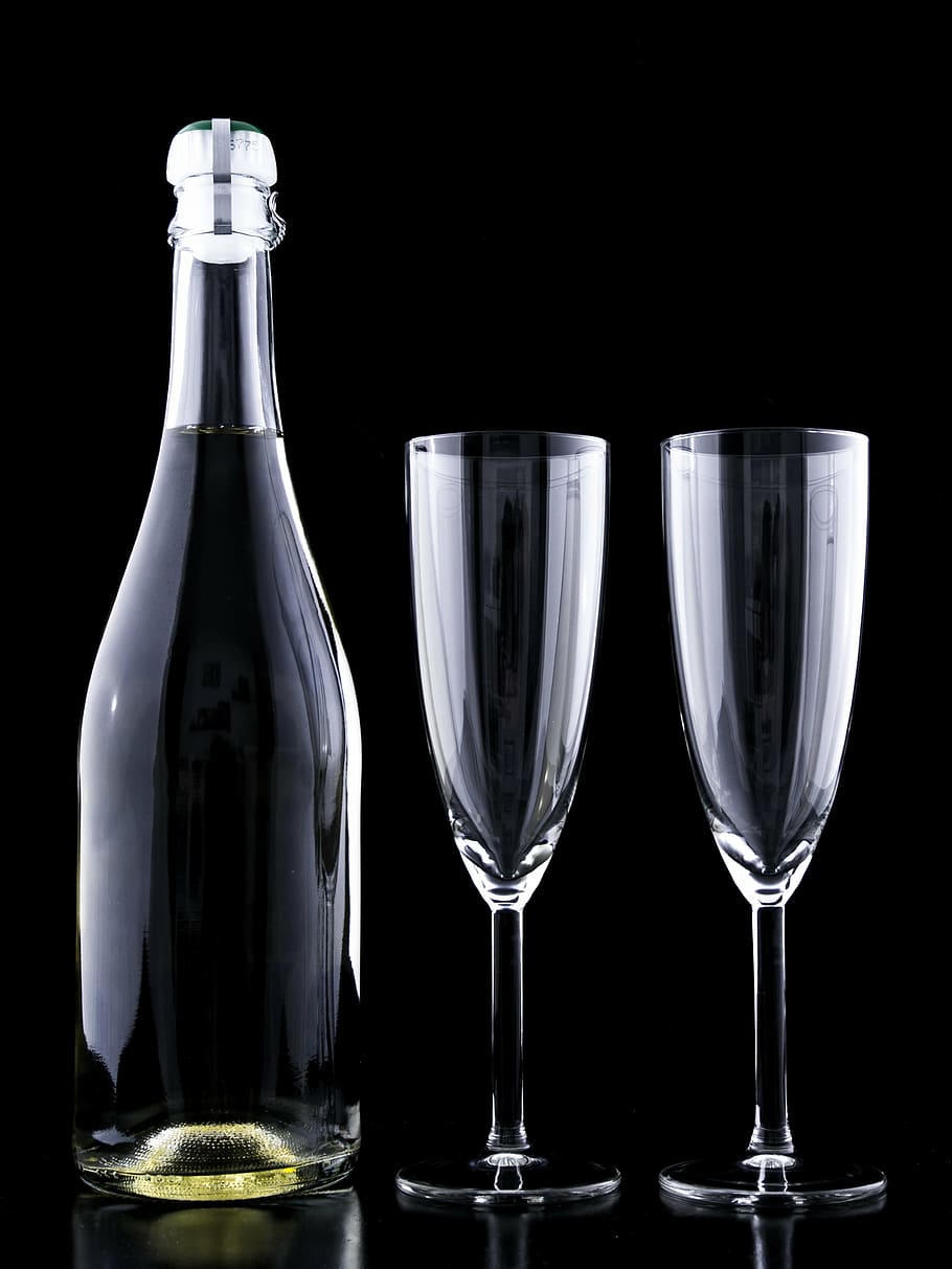 two clear flute champagne glasses and bottle, eve, drink, crystal, HD wallpaper