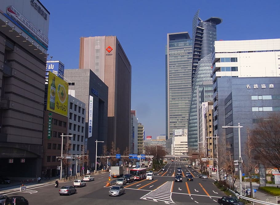 cars on road, Nagoya City, Japan, Skyscrapers, Skyline, buildings