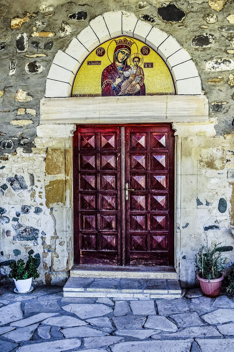 church, entrance, gate, virgin mary, mosaic, old, architecture, HD wallpaper