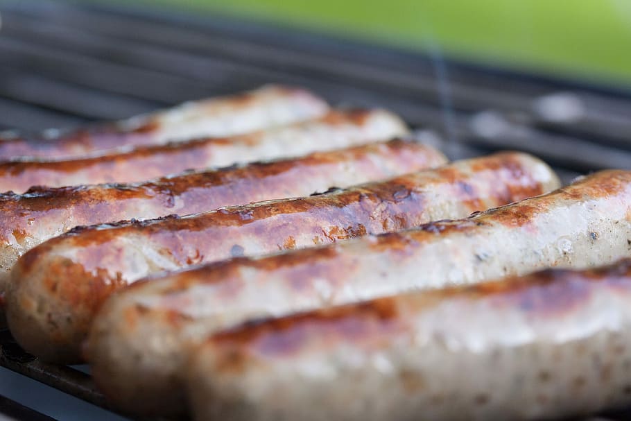 Sausage, Bratwurst, Sausages, Barbecue, grill, heat, stainless, HD wallpaper