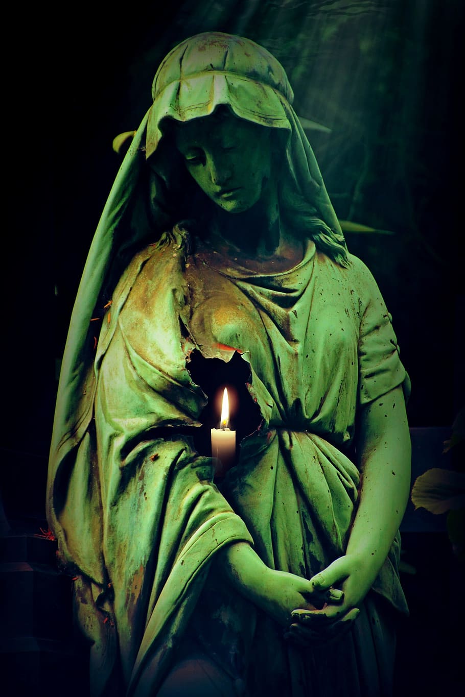 woman statue with candle wallpaper, sculpture, figure, cemetery