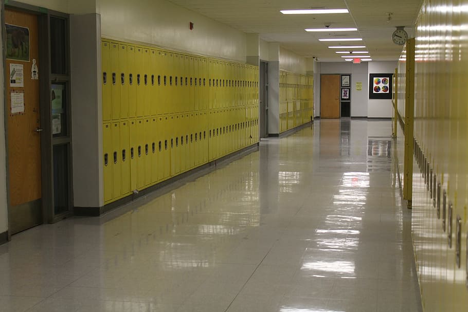 yellow lockers closed, school, combination, safe, indoors, corridor