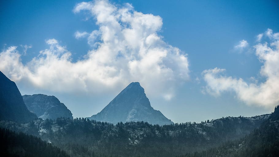 landscape photography of mountains under white clouds, mountain under cloudy sky HD wallpaper