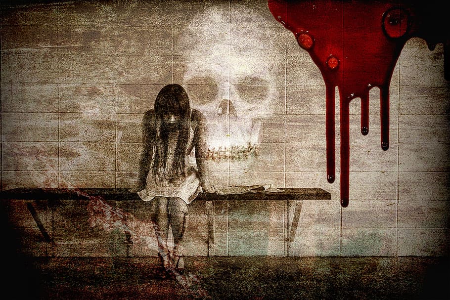 skull print with blood and girl sitting on a bench, sad, lonely