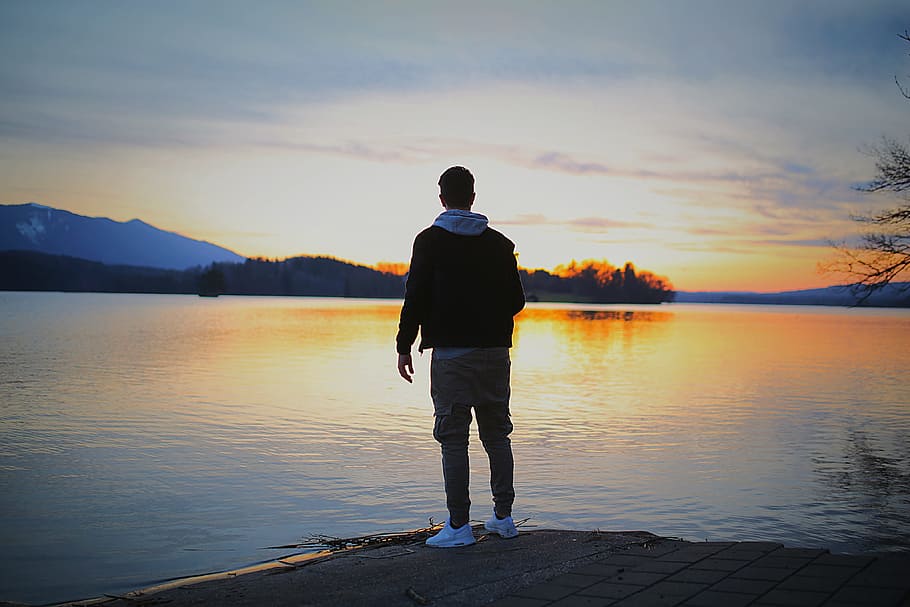 dawn, landscape, nature, sky, clouds, lake, outdoors, person HD wallpaper