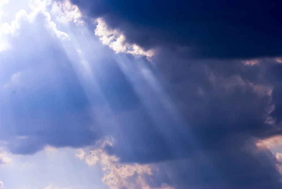 sunbeam on white clouds, sky, light, blue, nature, weather HD wallpaper
