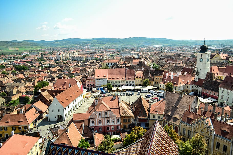 aerial view of city, sibiu, tower, architecture, travel, romania, HD wallpaper