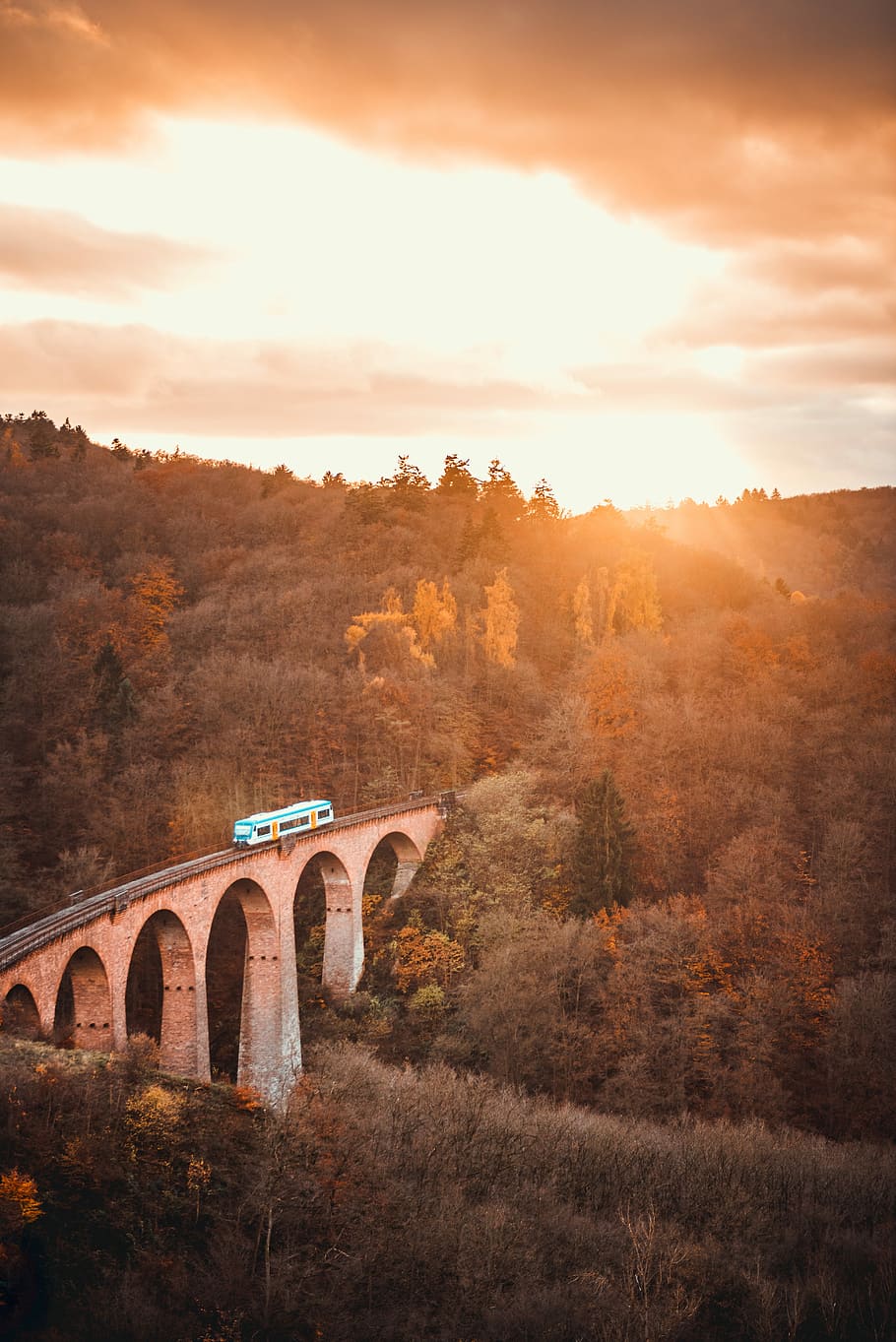 aerial view photography of train on bridge during sunset, aerial view photography of train on railroad surrounded of green leafed trees HD wallpaper