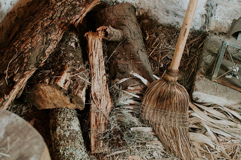 brown broom beside log, trunk, old, dry, chop, steel, wood HD wallpaper
