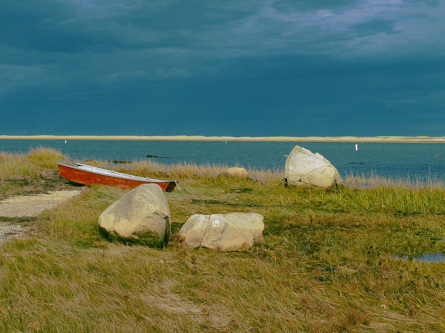 boat, red, grass, water, sea, vessel, sky, ocean, color, transport HD wallpaper