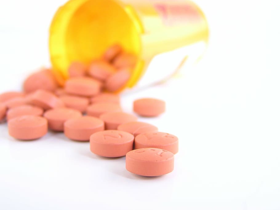 round orange pill lot near brown plastic container, pills, prescription, HD wallpaper