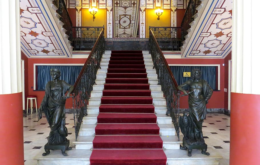 maroon carpet on white staircase, the palace, sissi, achillion, HD wallpaper