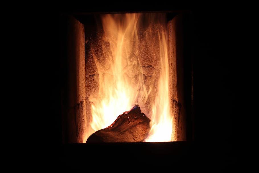black electric fireplace, fire, burning, flame, orange, fire - natural phenomenon HD wallpaper