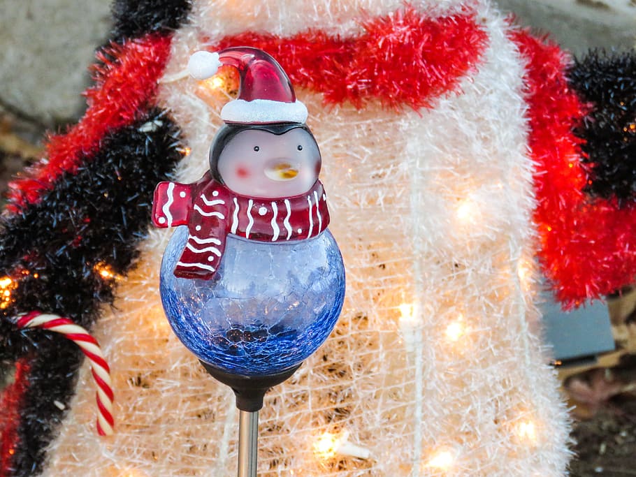 winter, christmas, decorations, lights, penguin, hat, celebration HD wallpaper
