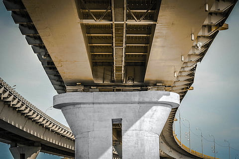 architecture, bridge, concrete, construction, flyover, lampposts HD wallpaper