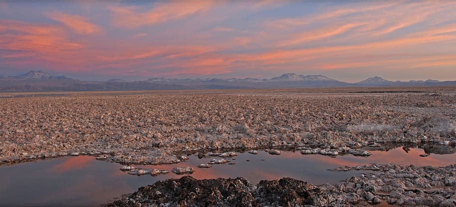 chile, salt lake, sun, sunset, salar de atacama, abendstimmung HD wallpaper