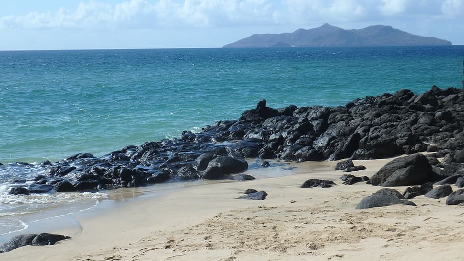 ocean, beach, black rock, sand, island, mayotte, indian ocean HD wallpaper