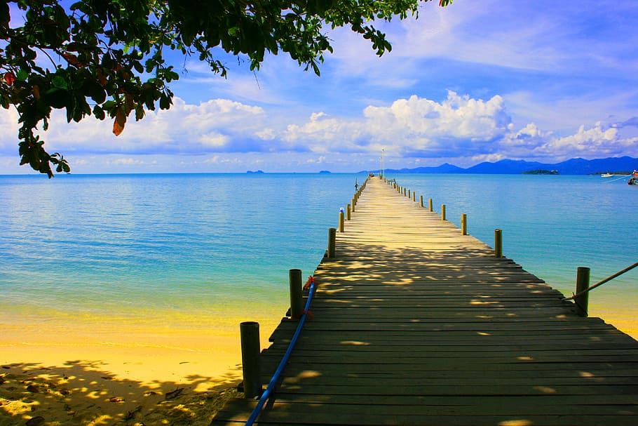 tan wooden sea dock across calm sea during daytime, pier, tropical