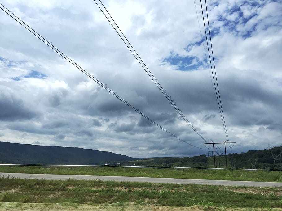 Lines, grass, landscape, mountains, road, sky, wire, Clouds, Landscapes HD wallpaper