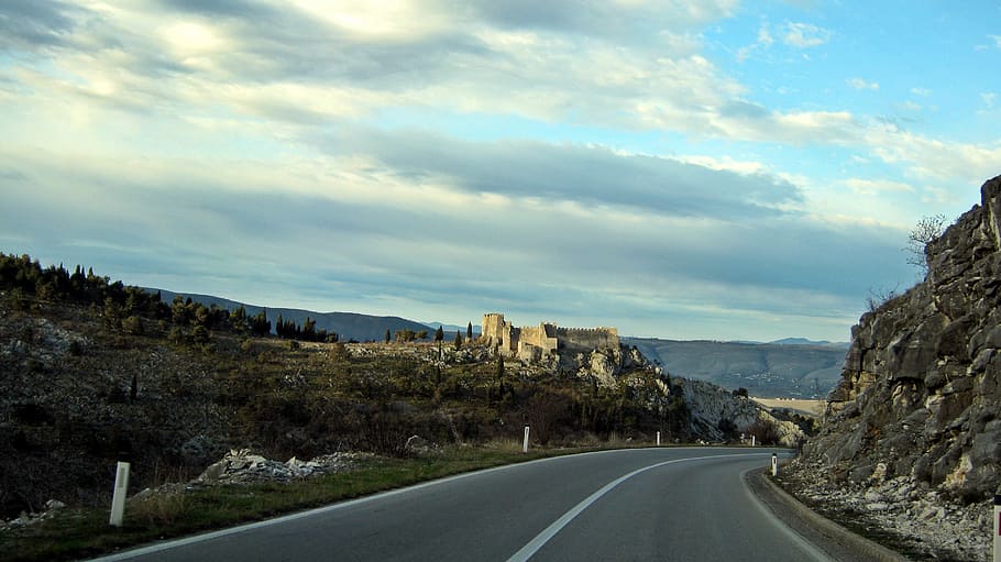 Mountains, Clouds, Sky, Road, Landscape, castle, light and shadow HD wallpaper