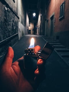 Lightning Lighter, flame, hand, Hot, metal, night, night road HD wallpaper