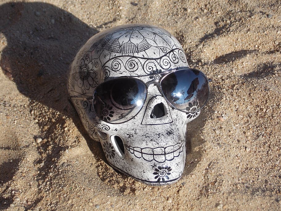sand, skull, lenses, beach, day, close-up, human skeleton, no people HD wallpaper