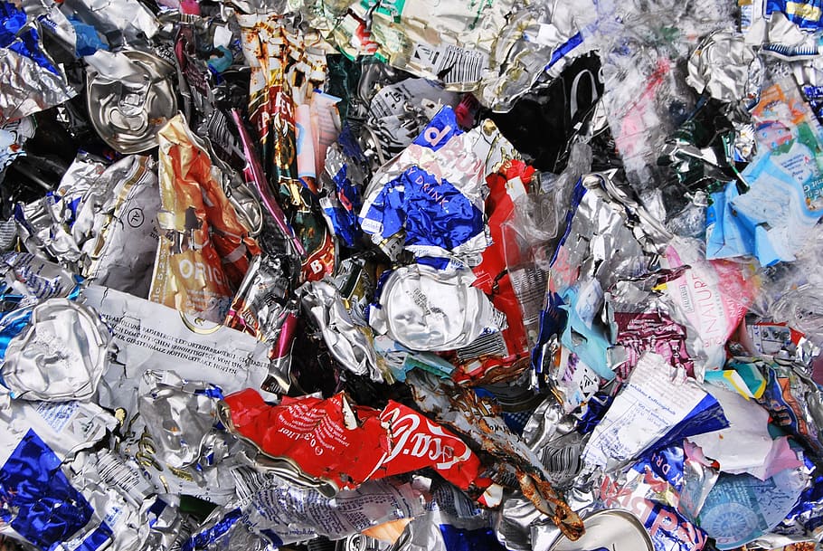 pile of packaging, recycling, cans, yellow bag, waste, trash, HD wallpaper