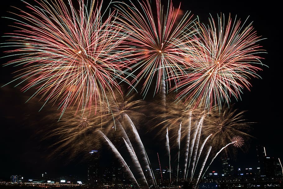 brocade fireworks aerial display at night, seoul international fireworks festival