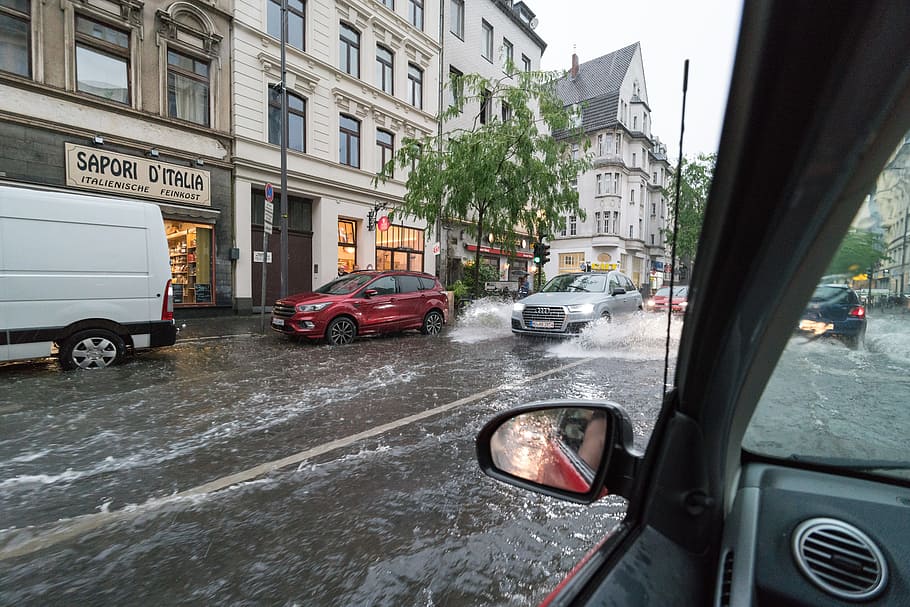 cars passing through flooded streets, cologne, high water, rain, HD wallpaper